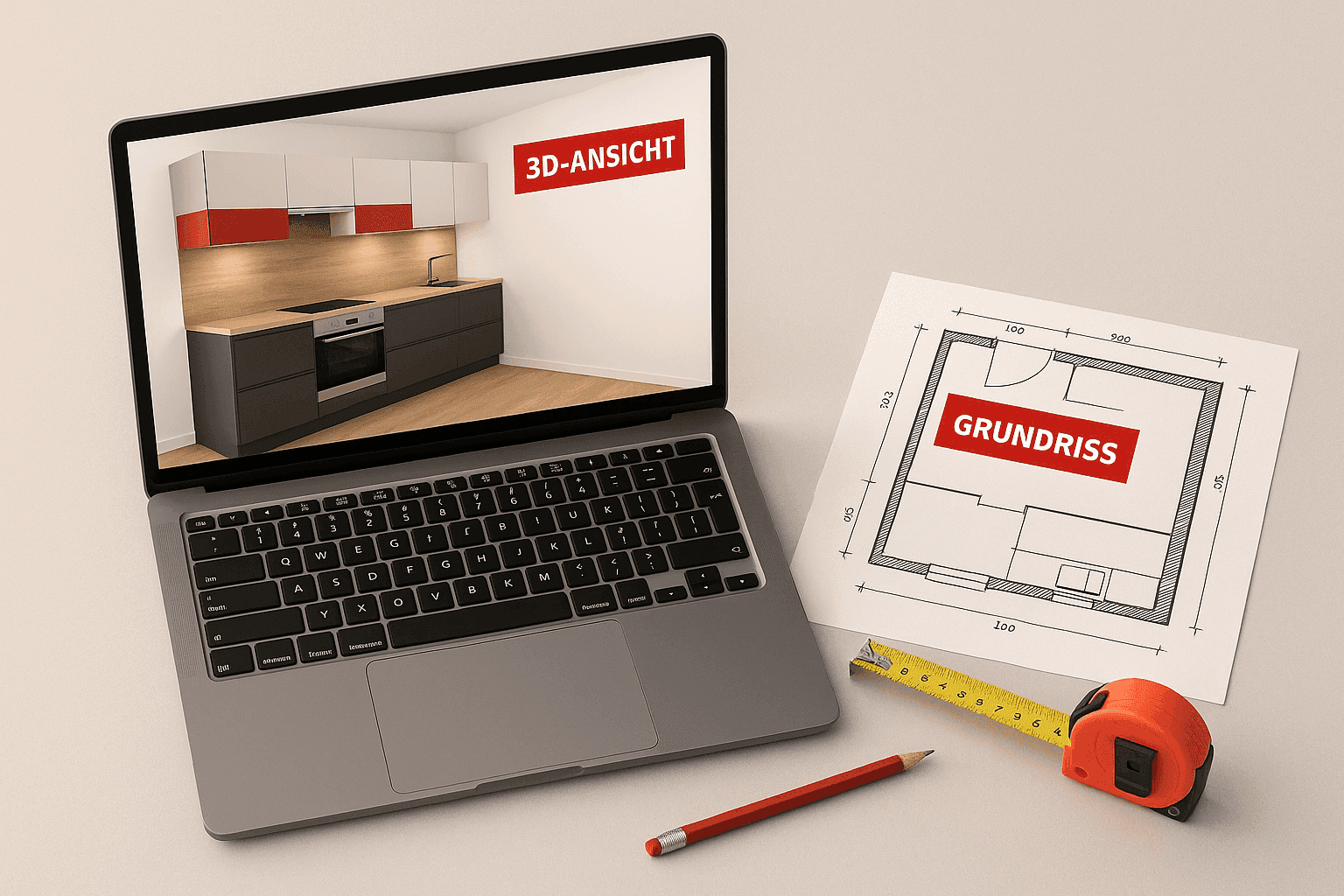 Küchenplanungs-Setup mit Laptop zeigt 3D-Küchenvisualisierung, daneben liegt technischer Grundriss mit Maßband und Bleistift für professionelle Küchenplanung.